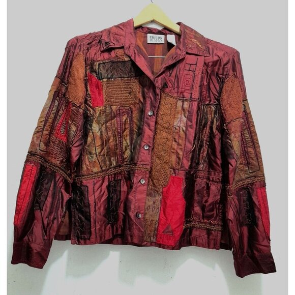 Chico's Jackets & Blazers - VTG Chicos Size 4 Silk Boho Patchwork Embroidered Wearable Art Jacket Burgundy